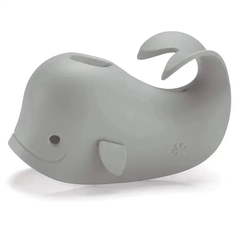 Grey whale-shaped bath toy from the Skip Hop Moby Baby Bath Essential Set, designed for fun during bath time.