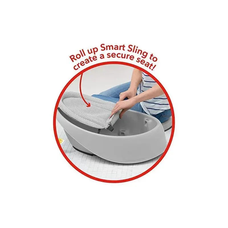 Moby Smart Sling 3-Stage Tub in grey, featuring a user rolling up the Smart Sling for a secure seat.