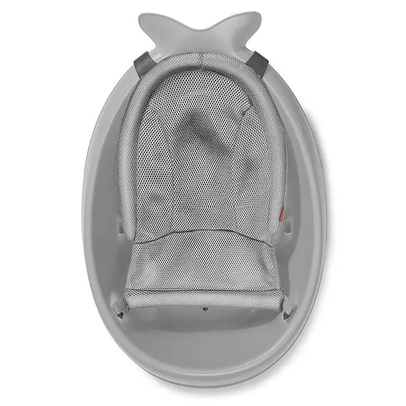 Moby Smart Sling 3-Stage Tub in grey features a textured mesh seat, designed for baby bathing safety and comfort.