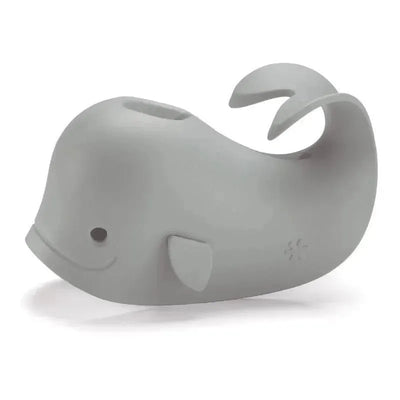 Grey whale-shaped baby bath spout cover designed for safety with a universal fit.