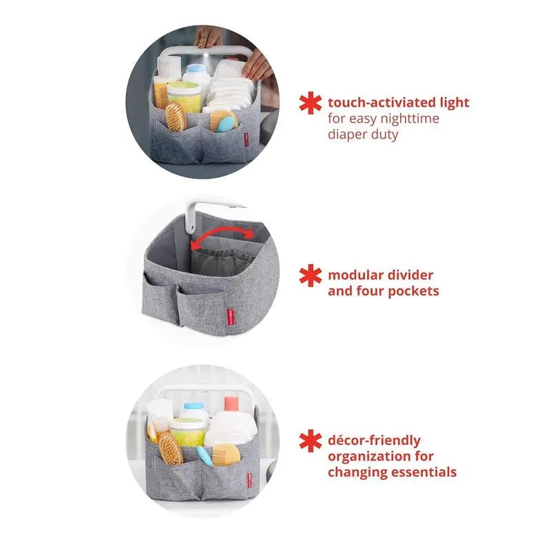 Nursery Style Light Up Diaper Caddy in oat color with touch-activated light, modular divider, and four storage pockets.