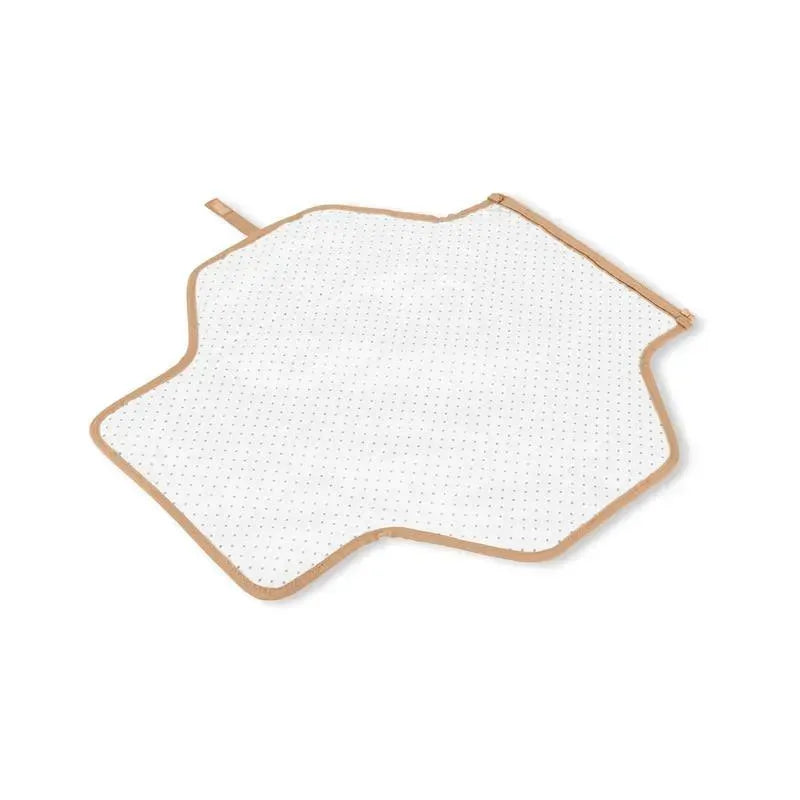 Portable baby changing pad in beige swirl dot pattern, featuring a hygienic surface with a zippered compartment for essentials.
