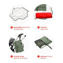 Portable baby changing pad in sage, featuring a detachable wipe-clean surface, wipes case, wristlet strap, and spacious pockets.