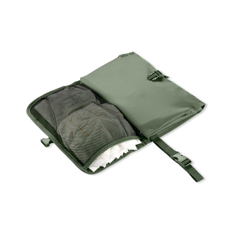 Portable baby changing pad in sage color, featuring a mesh pocket for storage and a secure buckle closure.