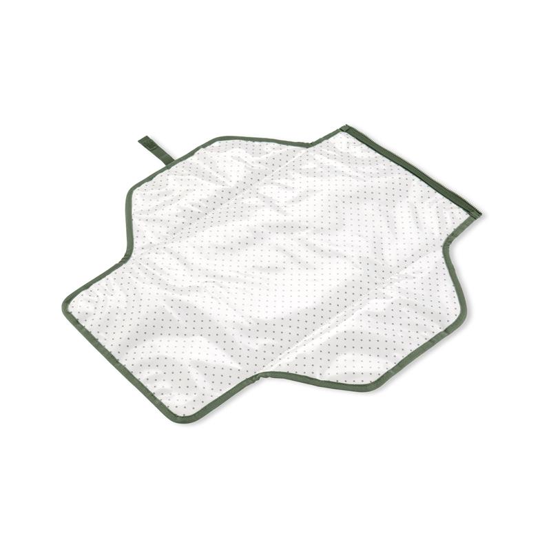 Portable baby changing pad in sage color, featuring a white surface with black dots and a green trim, designed for on-the-go use.