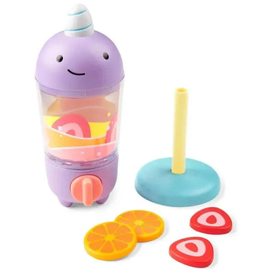 Preschool toy smoothie set featuring a smiling purple blender, colorful fruit slices, and a straw holder.