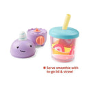 Preschool toy smoothie set featuring a purple narwhal, a blending container with a pastel lid, and a straw.