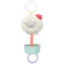 Soft sheep toy with a frosting hat, striped stick, and cupcake base, designed to attach to a stroller.