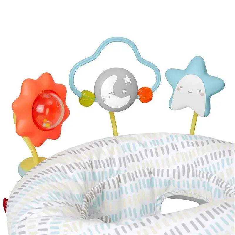 Skip Hop Silver Lining Cloud 2-in-1 Activity Floor Seat with colorful toys: a flower, moon, and star for interactive play.