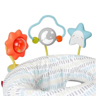 Skip Hop Silver Lining Cloud 2-in-1 Activity Floor Seat with colorful toys: a flower, moon, and star for interactive play.