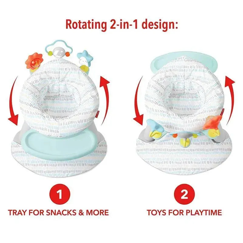 2-in-1 activity floor seat with a rotating design, featuring a tray for snacks and a removable toy bar for playtime.