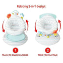 2-in-1 activity floor seat with a rotating design, featuring a tray for snacks and a removable toy bar for playtime.
