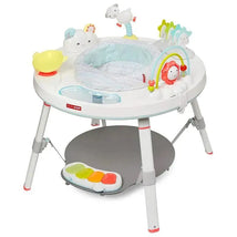 Gray Skip Hop Silver Lining Cloud Activity Center featuring a cushioned seat, colorful toys, and interactive elements for infants.