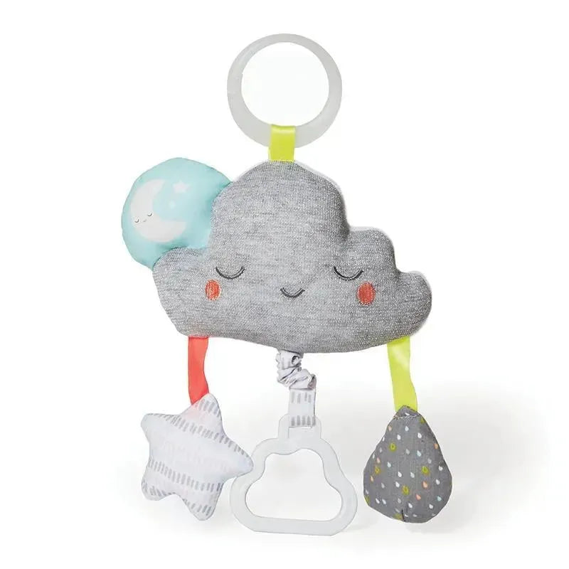 Soft gray cloud stroller toy with a smiling face, featuring a blue moon, colorful ribbons, a star, and a teething ring.