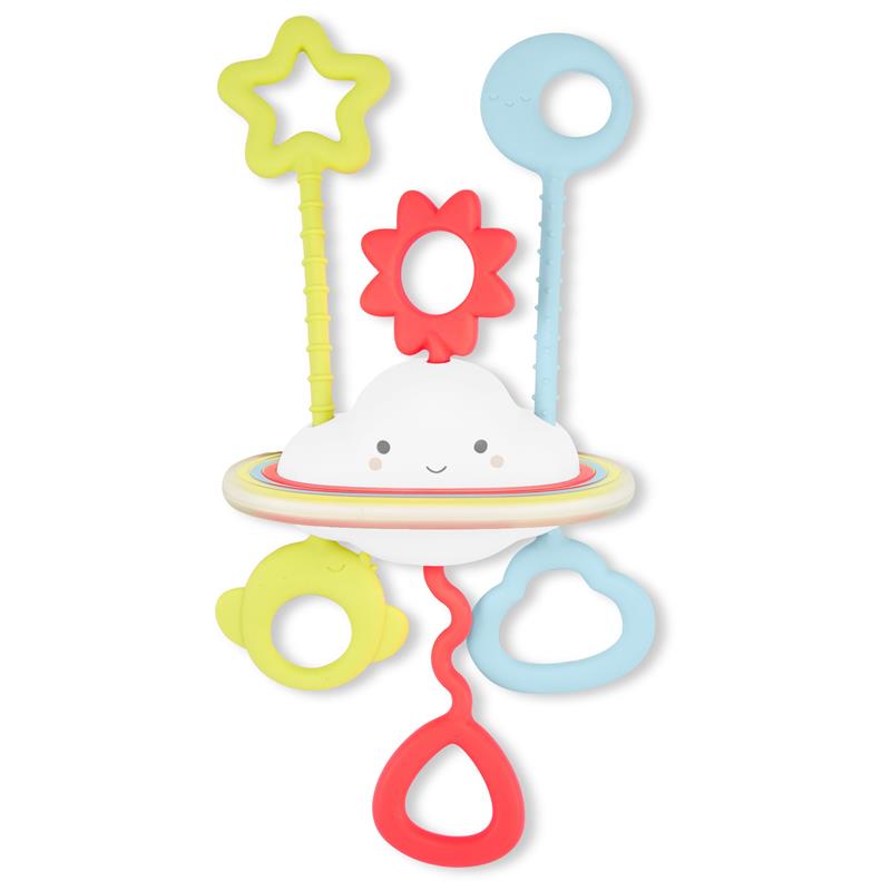 Sensory toy featuring a smiling cloud with colorful rings and shapes, designed for baby engagement and play.