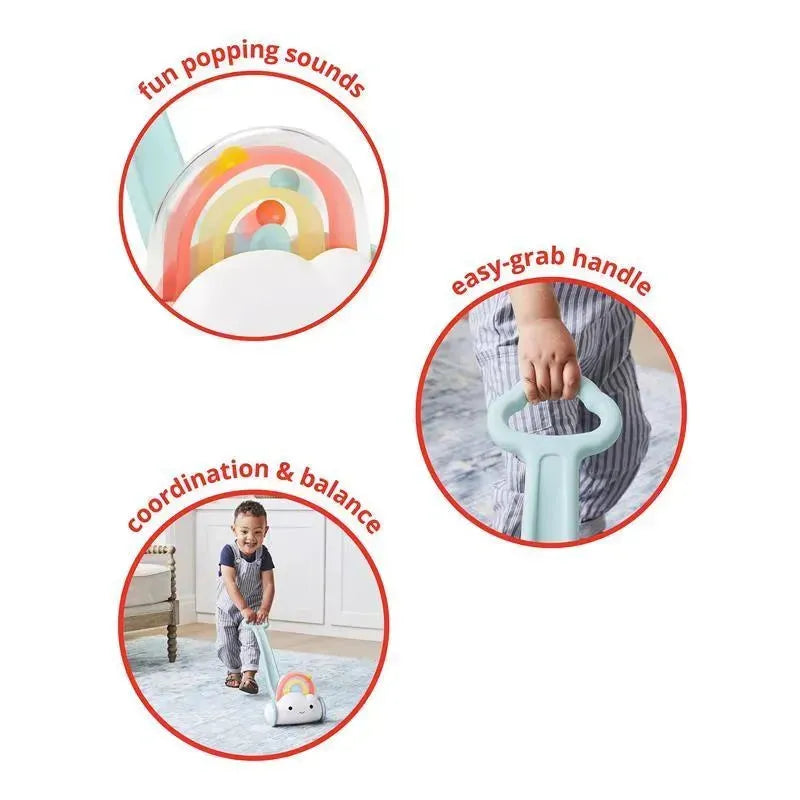 Skip Hop Silver Lining Cloud Push Toy features a child holding a colorful push toy with popping sounds, promoting coordination and balance.
