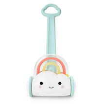 A smiling cloud push toy with a rainbow design, featuring a light blue handle and wheels for toddlers to play with.