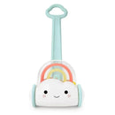 A smiling cloud push toy with a rainbow design, featuring a light blue handle and wheels for toddlers to play with.