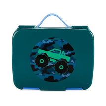 Bento box featuring a green monster truck design on a camouflage background, designed for kids’ lunches.
