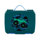 Bento box featuring a green monster truck design on a camouflage background, designed for kids’ lunches.