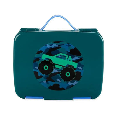 Bento box featuring a green monster truck design on a camouflage background, designed for kids’ lunches.