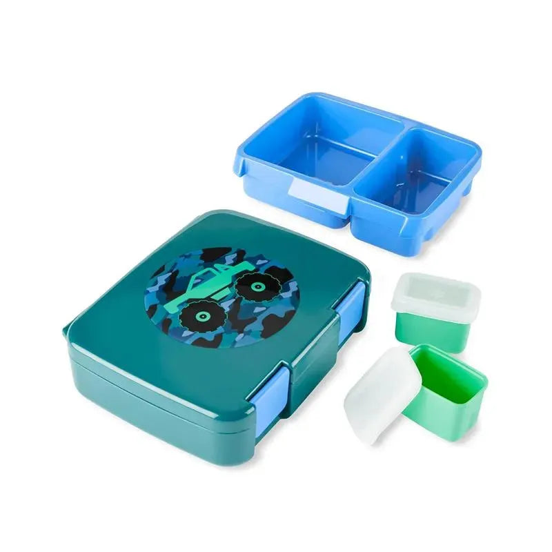 Skip Hop Spark Style Bento Box in truck design, featuring a teal main container with a truck graphic and several colorful inner containers.