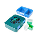 Skip Hop Spark Style Bento Box in truck design, featuring a teal main container with a truck graphic and several colorful inner containers.