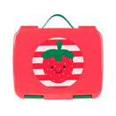 Bento lunch box in bright red featuring a cute strawberry design with a smiling face and green leaf accents.