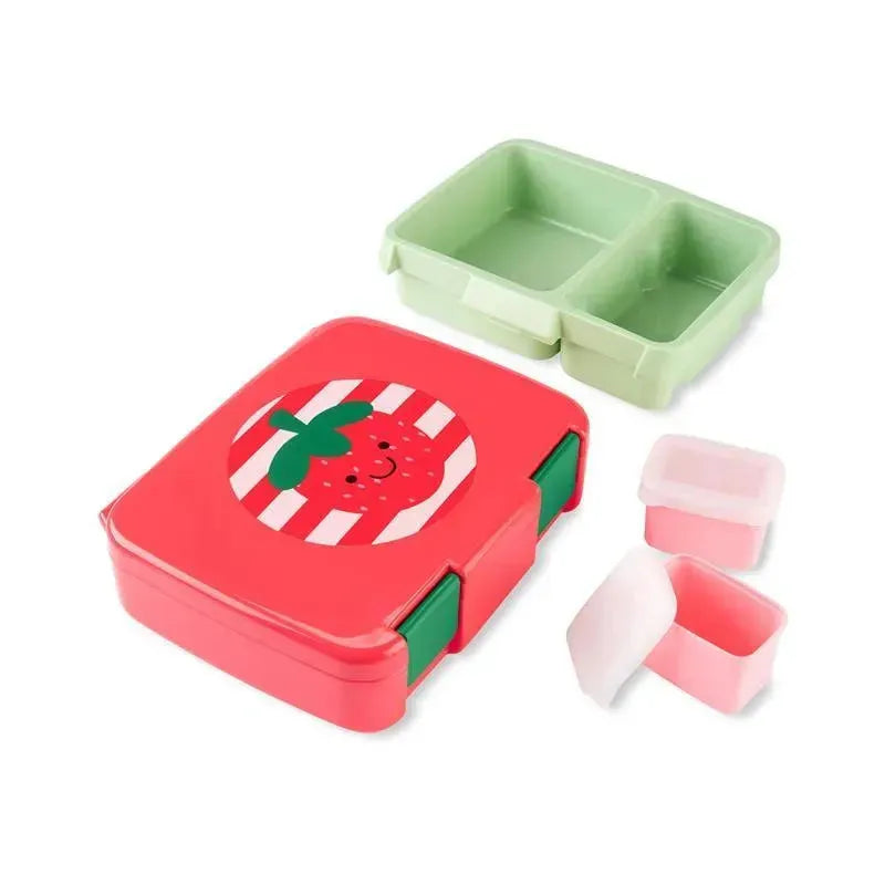 Bento lunch box with strawberry design, includes two green compartments and two small containers in pink and white.