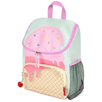 Big kid backpack featuring a pastel design with an ice cream cone and pink scoop, mesh side pocket, and zippered front compartment.