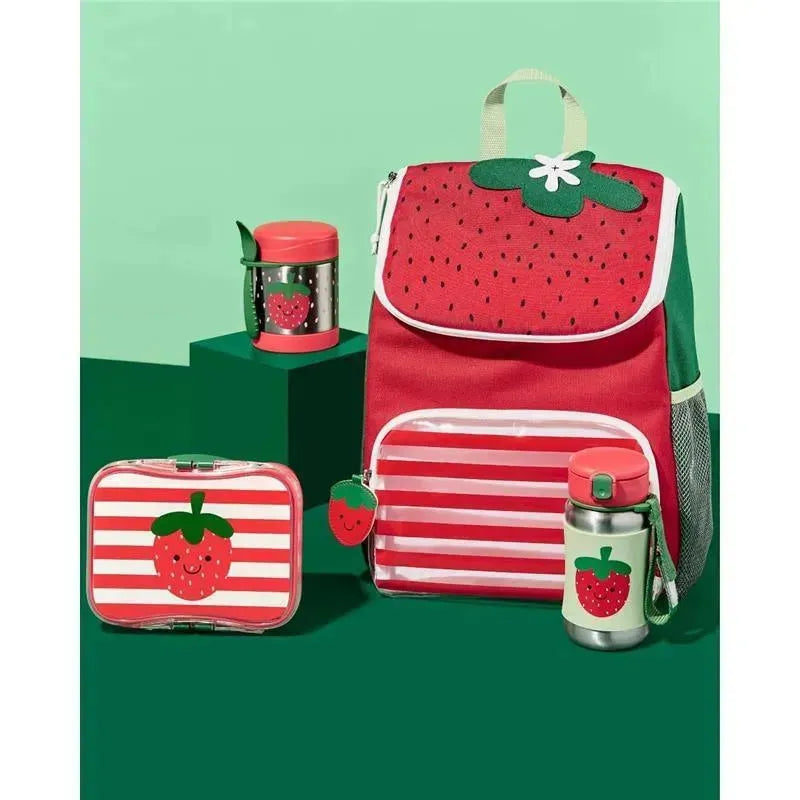 Big Kid Backpack from Skip Hop in strawberry design, featuring red fabric, straw pattern, and matching lunchbox and water bottle.