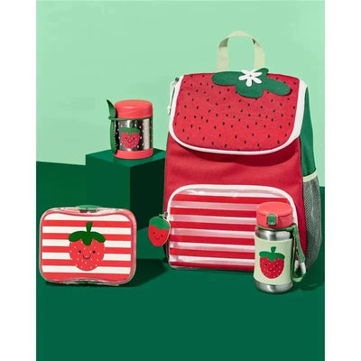 Big Kid Backpack from Skip Hop in strawberry design, featuring red fabric, straw pattern, and matching lunchbox and water bottle.