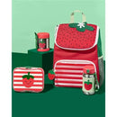 Big Kid Backpack from Skip Hop in strawberry design, featuring red fabric, straw pattern, and matching lunchbox and water bottle.