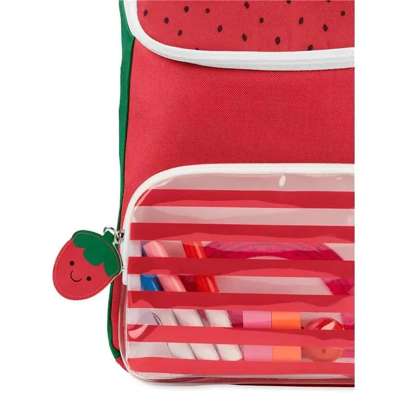 Strawberry-themed Skip Hop Big Kid Backpack with a clear front pocket displaying school supplies and a smiling strawberry zipper pull.