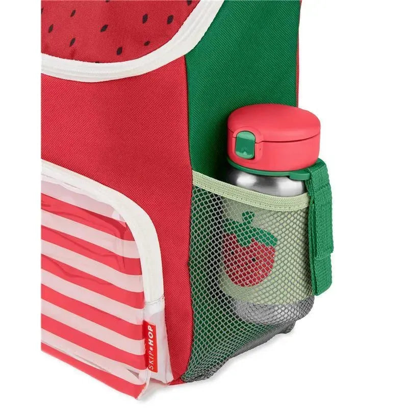 Big Kid Backpack from Skip Hop, designed with a strawberry pattern and a side mesh pocket holding a bottle.