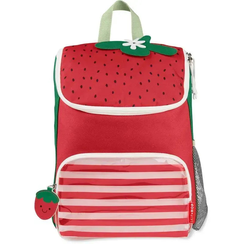 Big kid backpack by Skip Hop featuring a strawberry design, red color, zippered compartments, and a side mesh pocket.