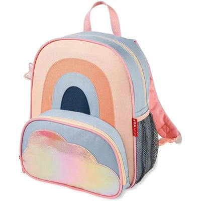 Little kid backpack by Skip Hop featuring a rainbow design and a metallic cloud front pocket.