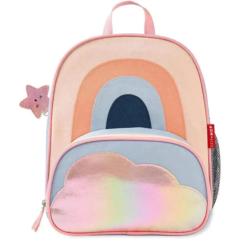 Little kid backpack from Skip Hop featuring a rainbow design, pink tones, and a shiny cloud pocket.