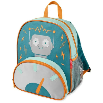 Teal backpack featuring a smiling robot design, orange accents, and a front pocket with a circular graphic.