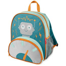 Teal backpack featuring a smiling robot design, orange accents, and a front pocket with a circular graphic.