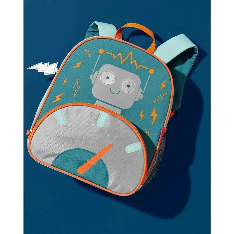 Backpack featuring a robot design, with a teal and silver color scheme, orange accents, and playful lightning bolt graphics.