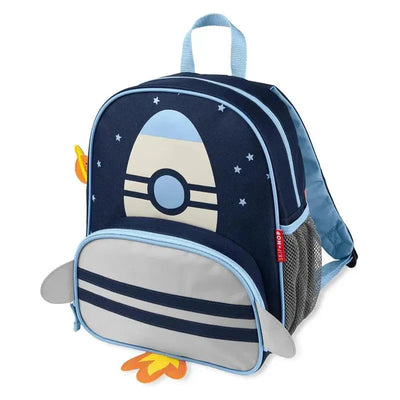 Rocket-themed Skip Hop Spark Style Little Kid Backpack featuring blue and gray colors, star designs, and rocket fins.