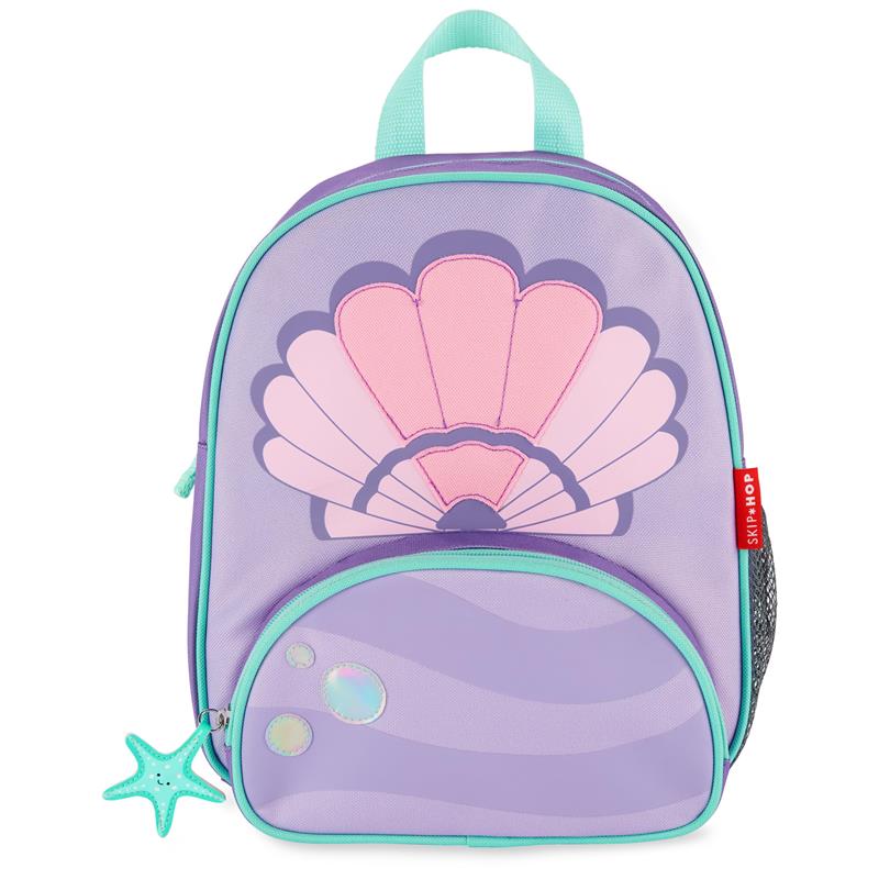 Backpack featuring a seashell design in pastel pink and purple, with a front pocket and starfish zipper pull.