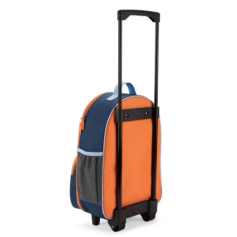 Rocketship-themed rolling luggage with orange, blue, and light blue accents, featuring a retractable handle and wheels.