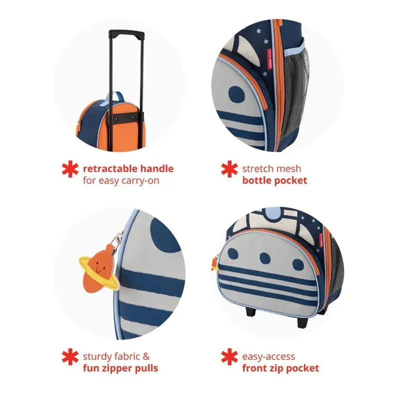Skip Hop Spark Style Rocketship luggage featuring a retractable handle, stretch mesh bottle pocket, and fun zipper pulls.