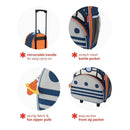 Skip Hop Spark Style Rocketship luggage featuring a retractable handle, stretch mesh bottle pocket, and fun zipper pulls.