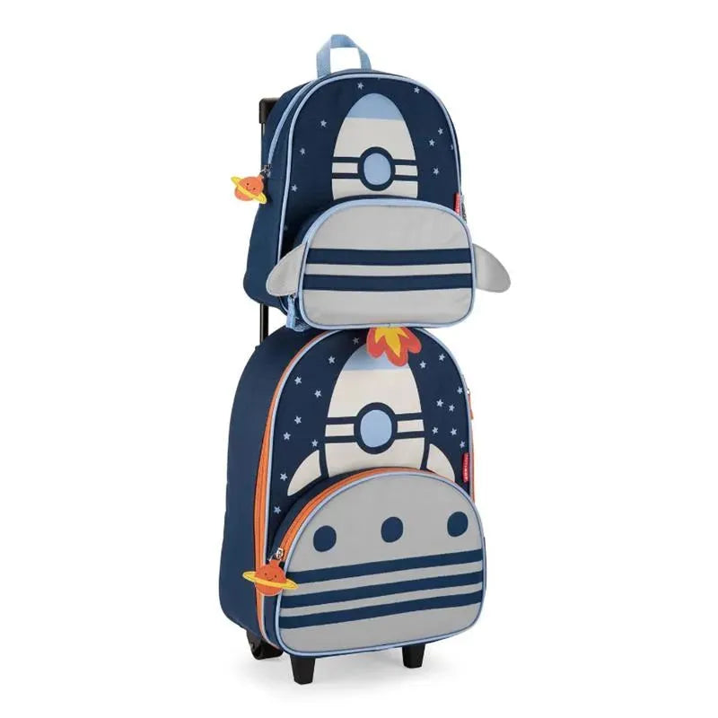 Skip Hop Spark Style Luggage in Rocketship design, featuring a large rocket-themed suitcase with a smaller matching backpack on top.