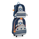 Skip Hop Spark Style Luggage in Rocketship design, featuring a large rocket-themed suitcase with a smaller matching backpack on top.