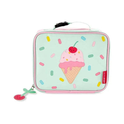 Lunch bag featuring an ice cream cone design with sprinkles, a cherry on top, and a green zipper pull shaped like a stem.