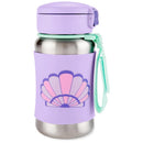 Stainless steel straw bottle in pastel purple with seashell design and mint green accents.